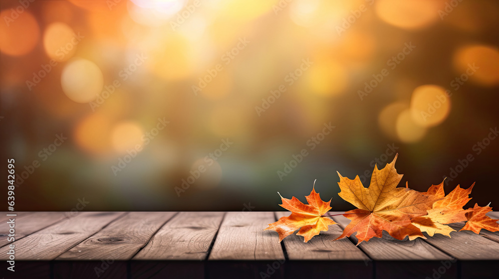 Autumn maple leaves on wooden table for fall blurred background. Generative Ai