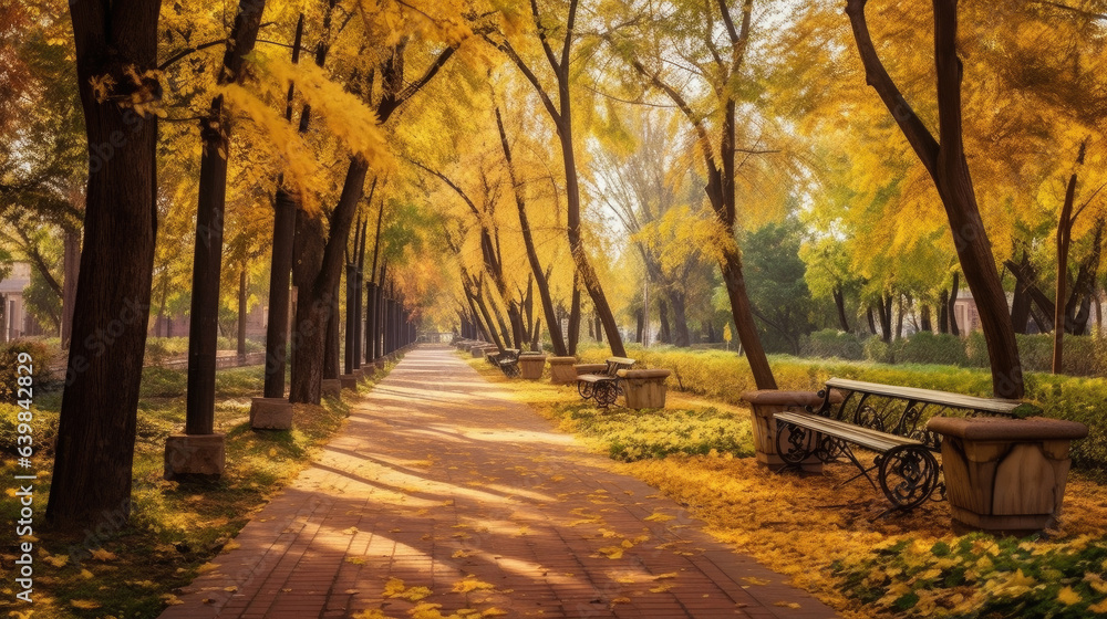 Autumn, Pathway in beautiful autumn city background. Generative Ai