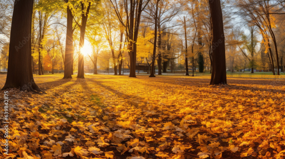 Autumn, Golden autumn scene in a park, with falling leaves, the sun shining through the trees and bl