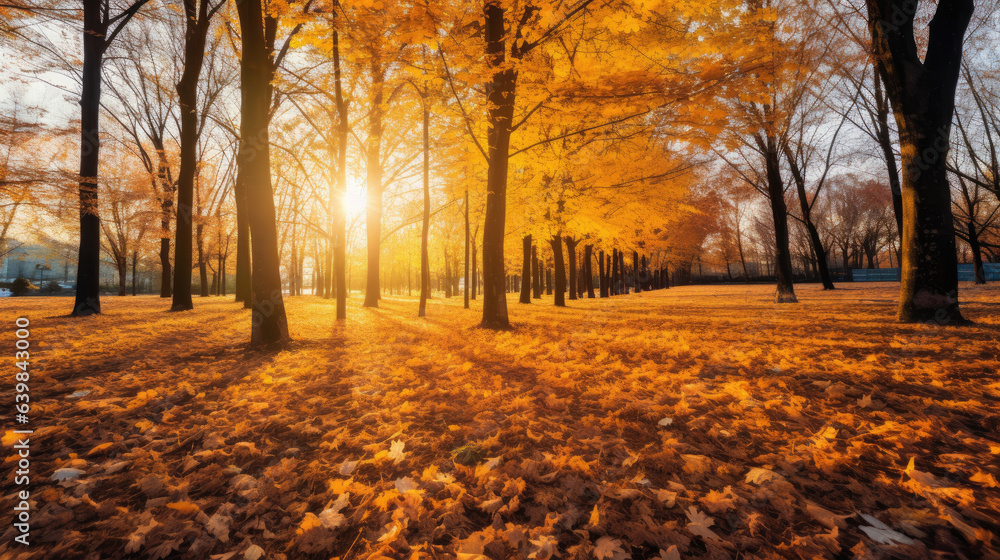 Autumn, Golden autumn scene in a park, with falling leaves, the sun shining through the trees and bl