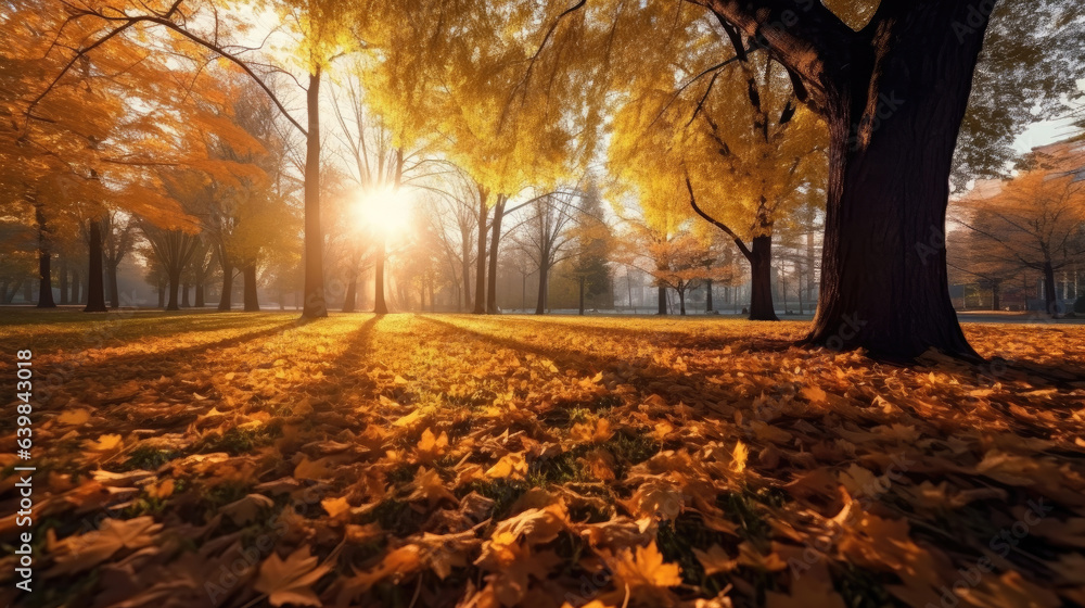 Autumn, Golden autumn scene in a park, with falling leaves, the sun shining through the trees and bl