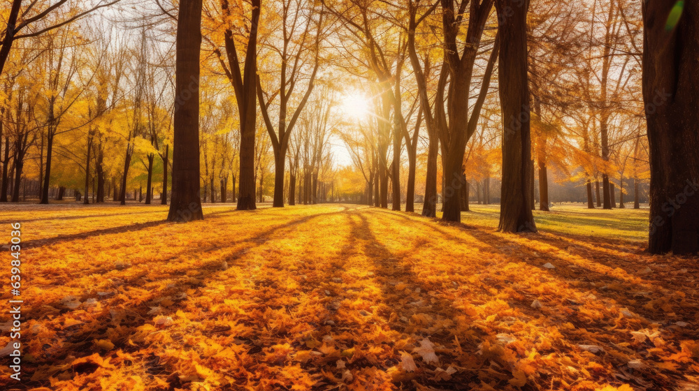 Autumn, Golden autumn scene in a park, with falling leaves, the sun shining through the trees and bl