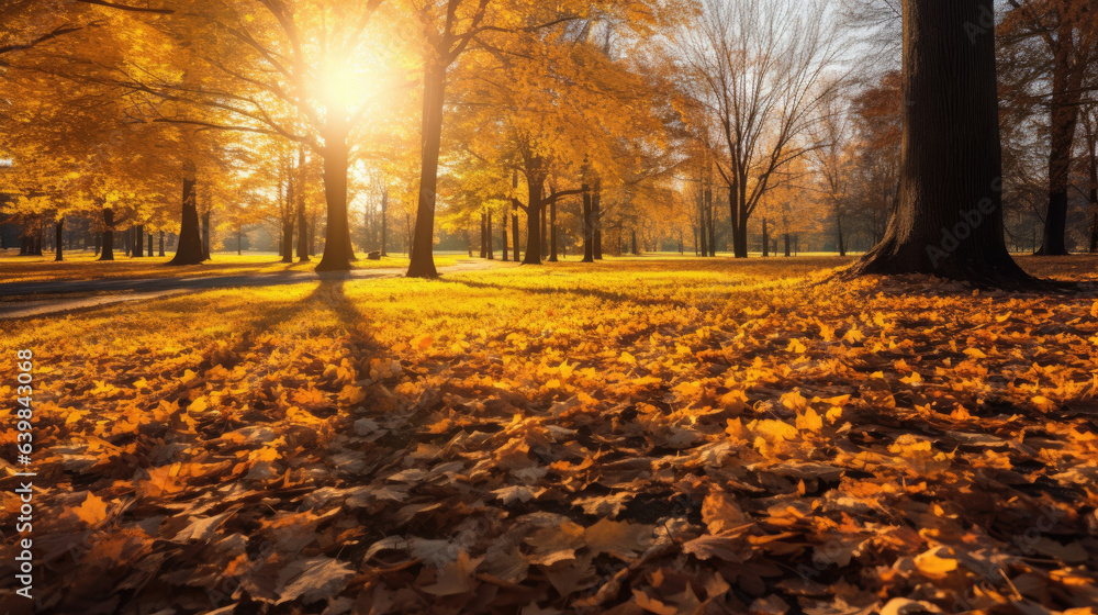 Autumn, Golden autumn scene in a park, with falling leaves, the sun shining through the trees and bl