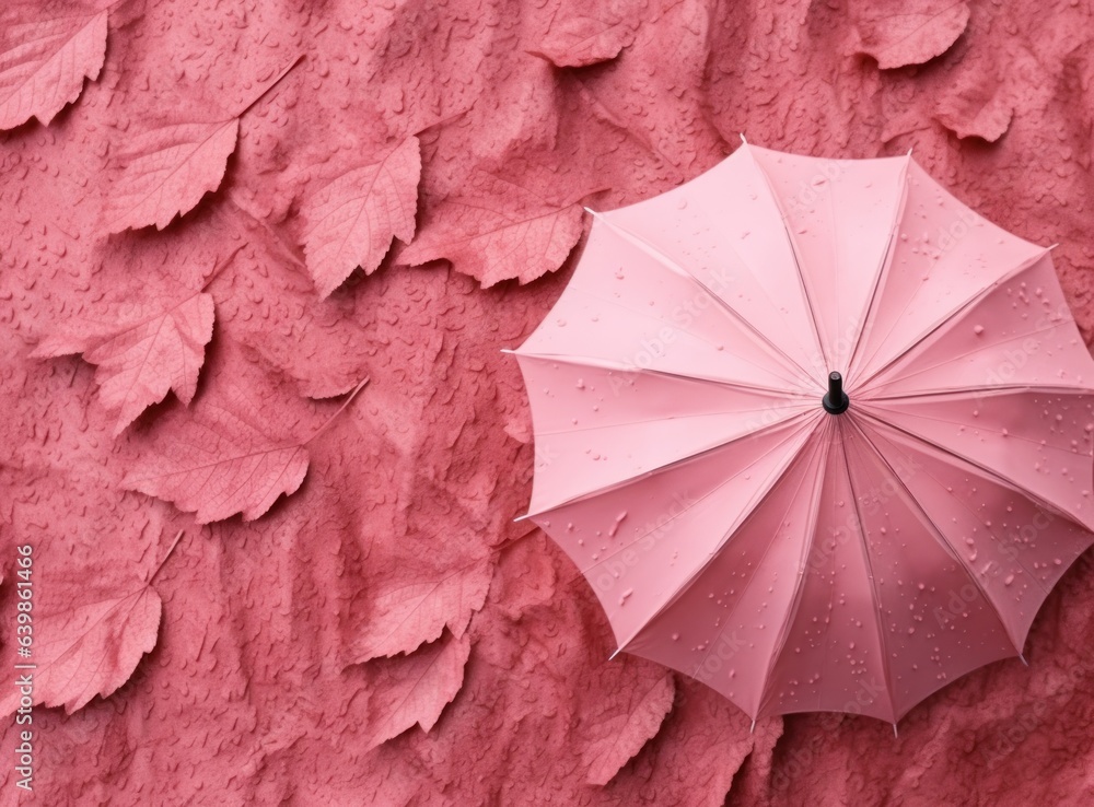 Pink background with autumn leaves and umbrella