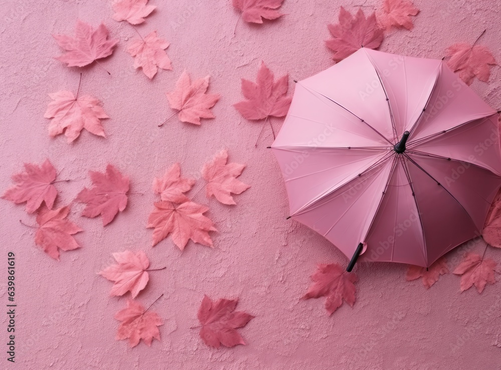 Pink background with autumn leaves and umbrella