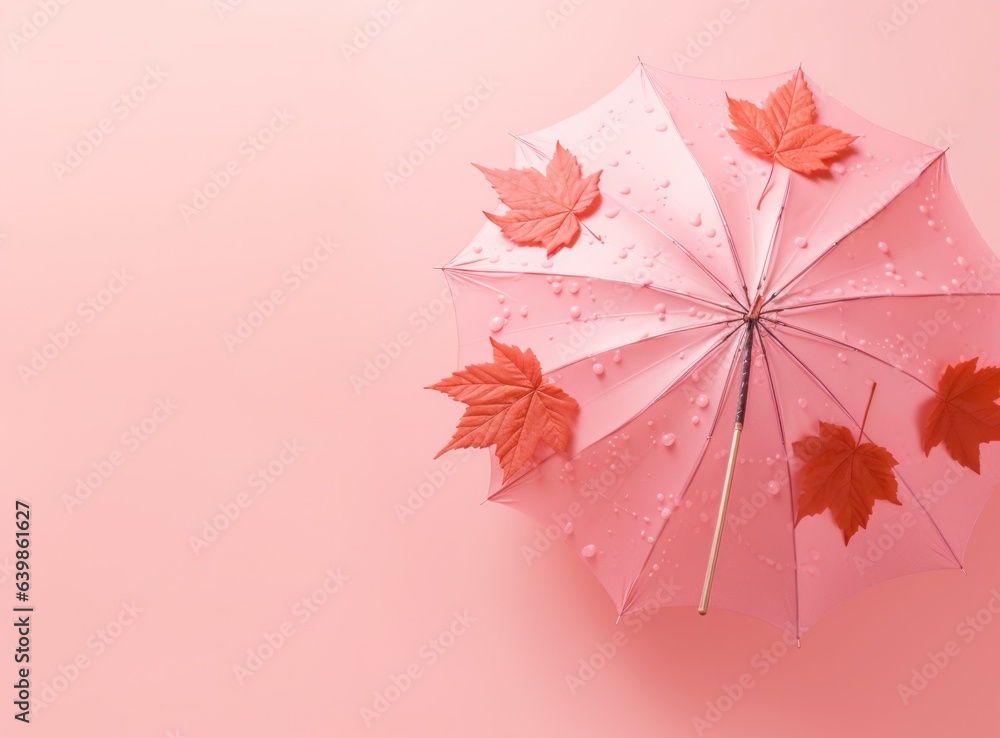 Pink background with autumn leaves and umbrella