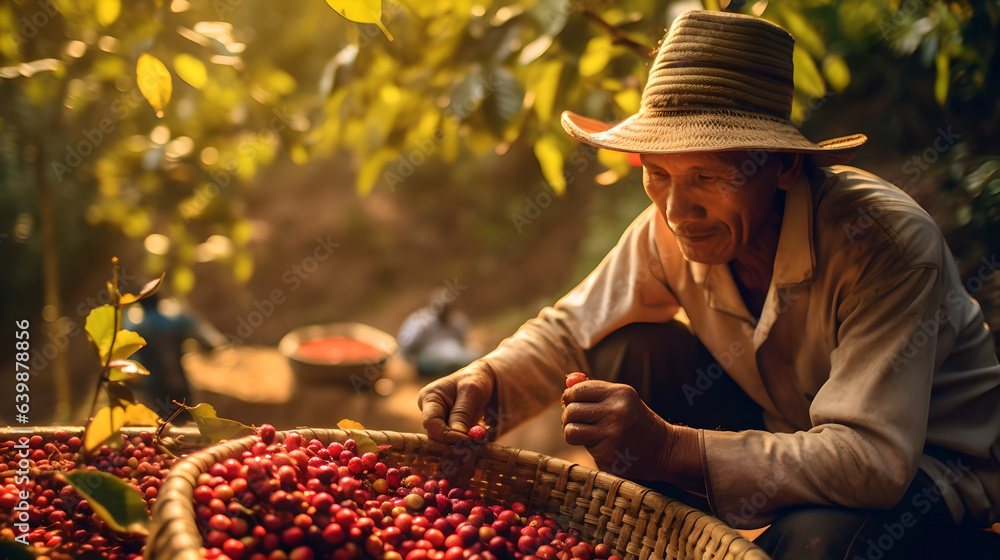 Male worker harvesting coffee bean in the plantation, farmers toil and dedication to the plantation 