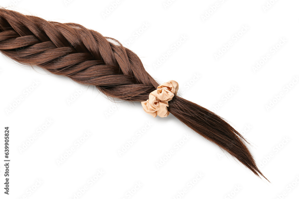 Braided strand with scrunchy isolated on white background, closeup