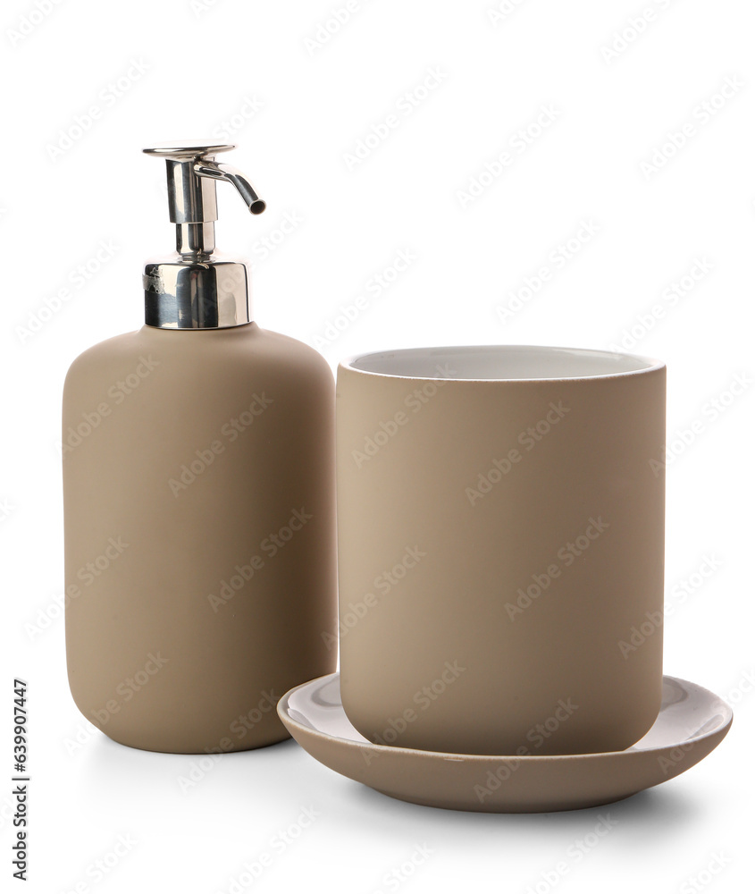 Toothbrush holder and container for liquid soap isolated on white background