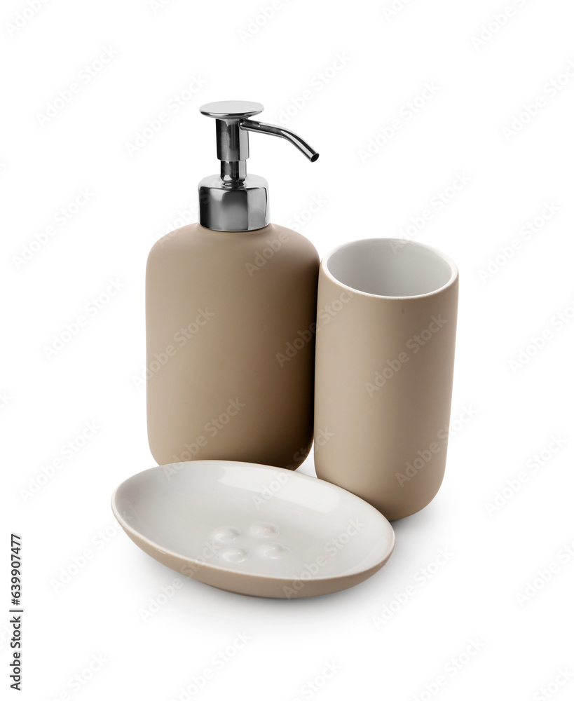 Toothbrush holder, container and bowl for soap isolated on white background