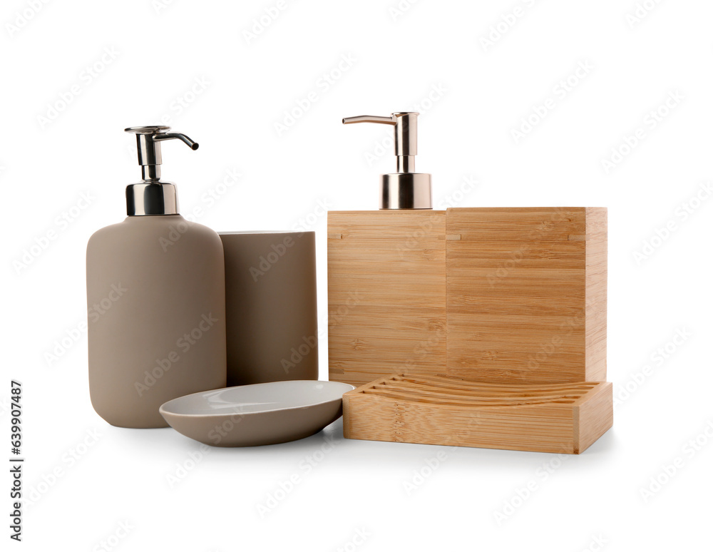 Set of stylish bath accessories isolated on white background