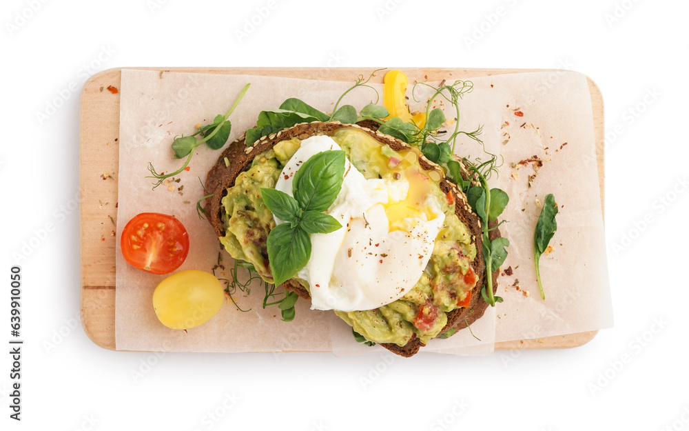 Wooden board of tasty sandwich with egg on white background