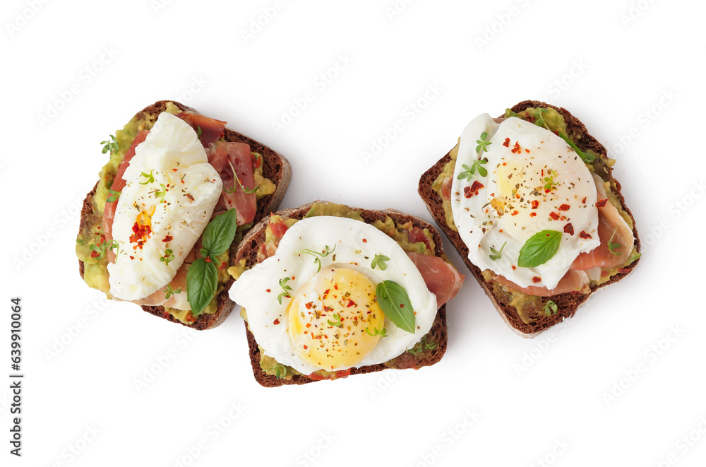 Tasty sandwiches with egg on white background