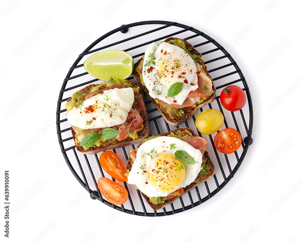 Grid of tasty sandwiches with egg on white background