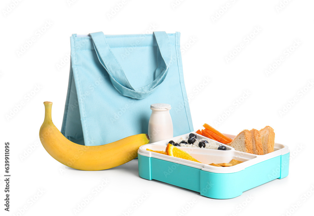 Lunch bag and lunchbox with delicious food isolated on white background