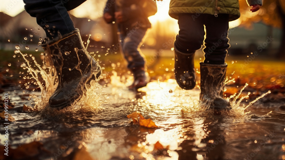 Feet of children in rubber boots jumping over a puddle. Generative AI