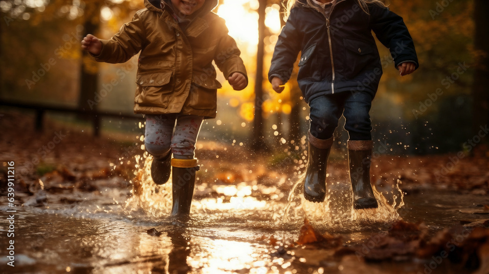 Feet of children in rubber boots jumping over a puddle. Generative AI