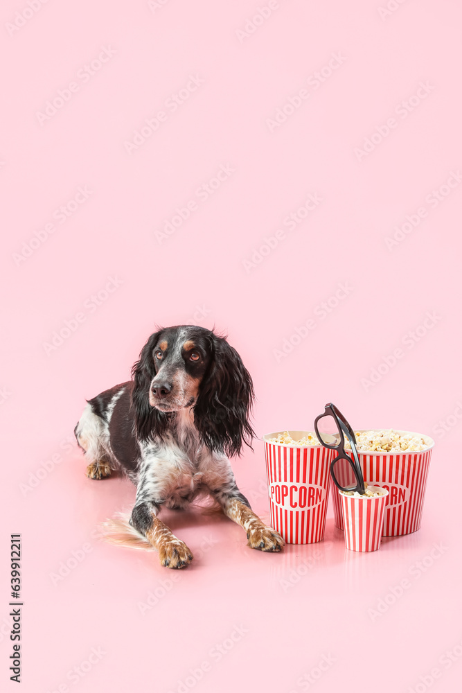 Cute cocker spaniel dog with buckets of popcorn and 3D cinema glasses lying on pink background