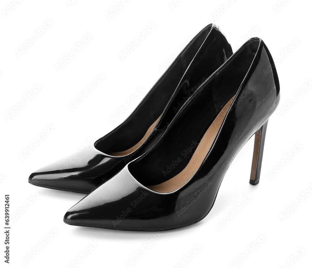 Stylish black high heels on white background