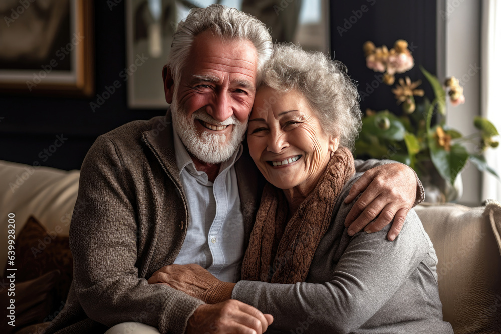 american elderly couple feeling happy smiling and looking to camera while relax in living room at ho