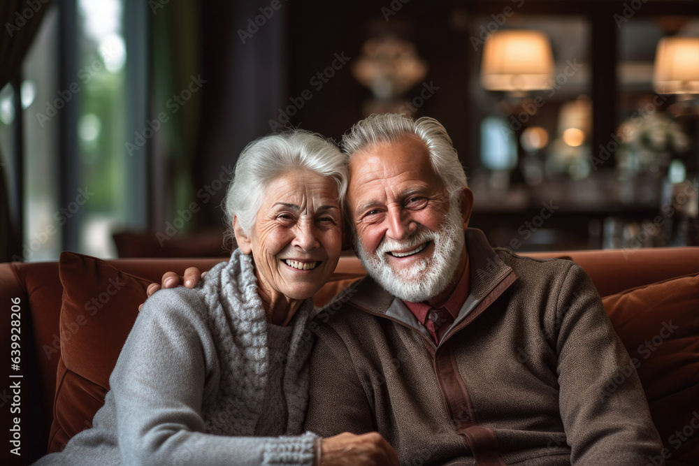 american elderly couple feeling happy smiling and looking to camera while relax in living room at ho