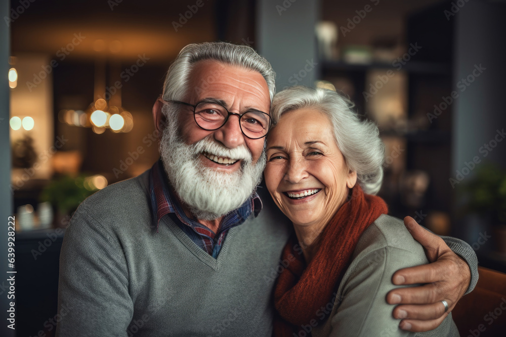 american elderly couple feeling happy smiling and looking to camera while relax in living room at ho