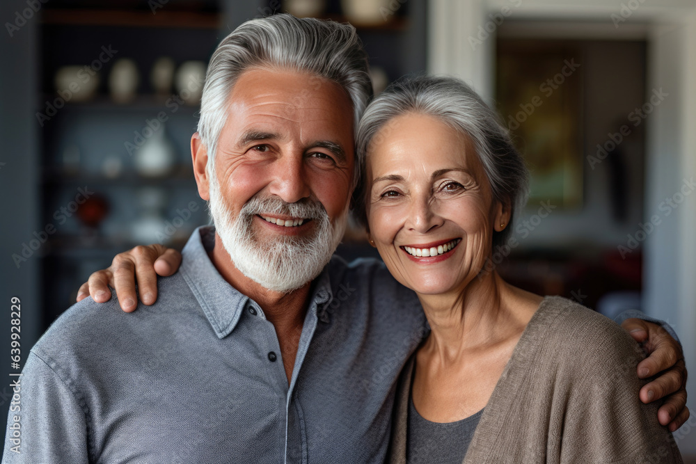 american elderly couple feeling happy smiling and looking to camera while relax in living room at ho