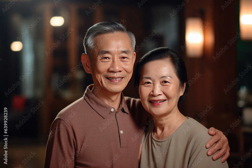 Asian elderly couple feeling happy smiling and looking to camera  in living room at home. Generative