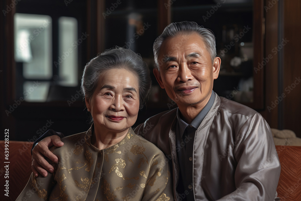 Asian elderly couple feeling happy smiling and looking to camera  in living room at home. Generative