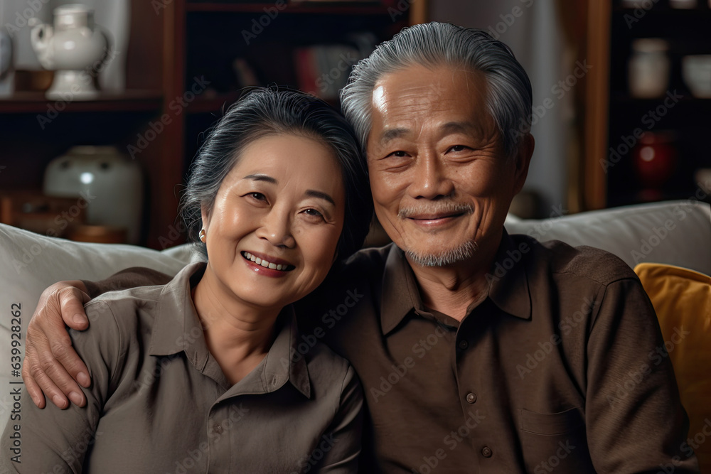 Asian elderly couple feeling happy smiling and looking to camera  in living room at home. Generative