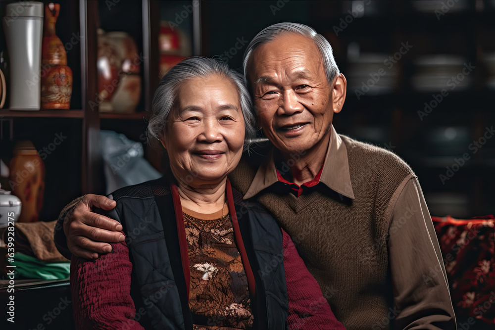 Asian elderly couple feeling happy smiling and looking to camera  in living room at home. Generative