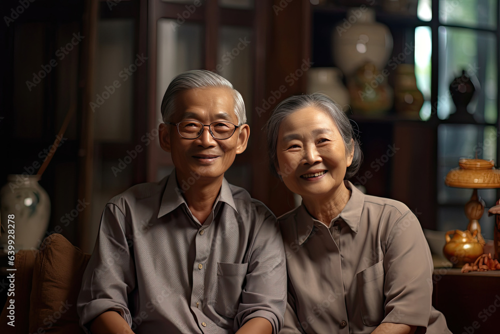 Asian elderly couple feeling happy smiling and looking to camera  in living room at home. Generative