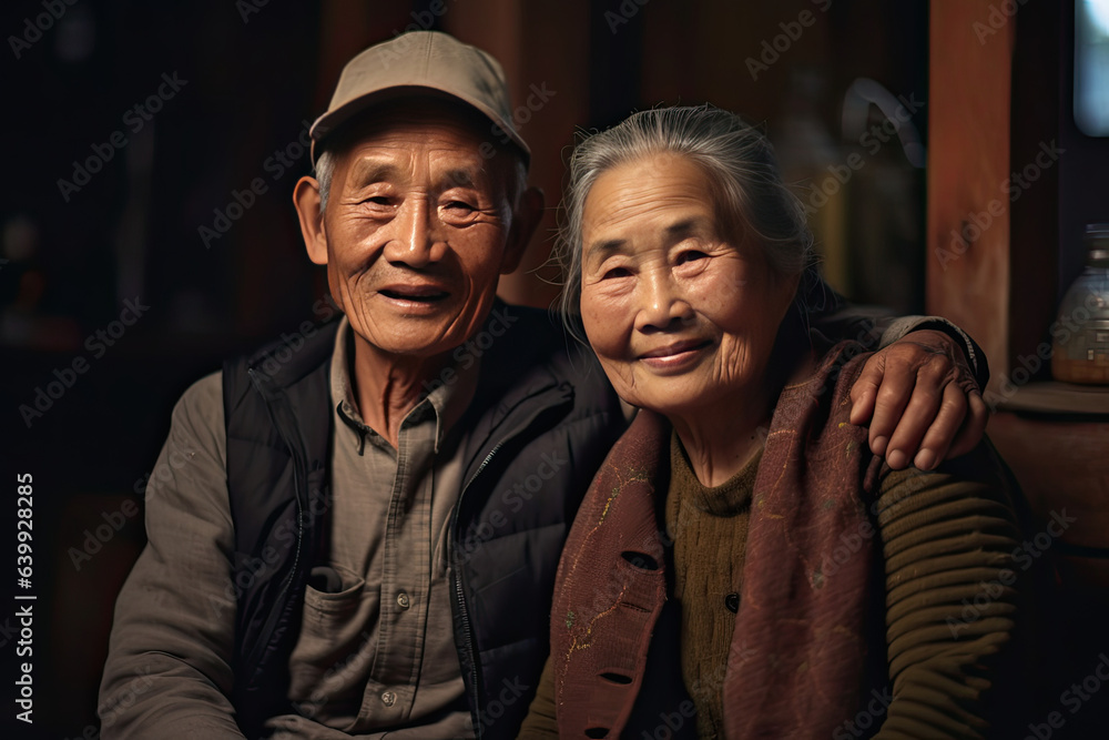 Asian elderly couple feeling happy smiling and looking to camera  in living room at home. Generative