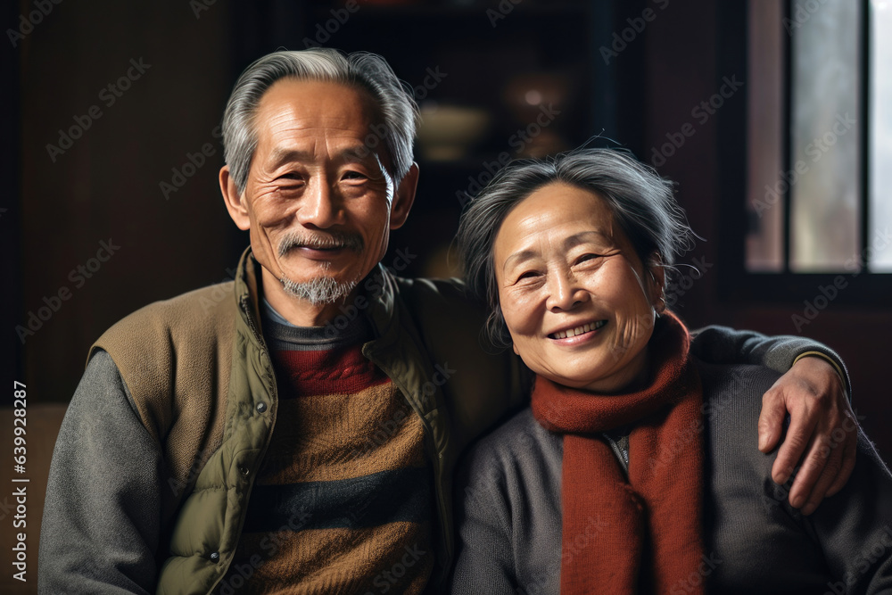 Asian elderly couple feeling happy smiling and looking to camera  in living room at home. Generative