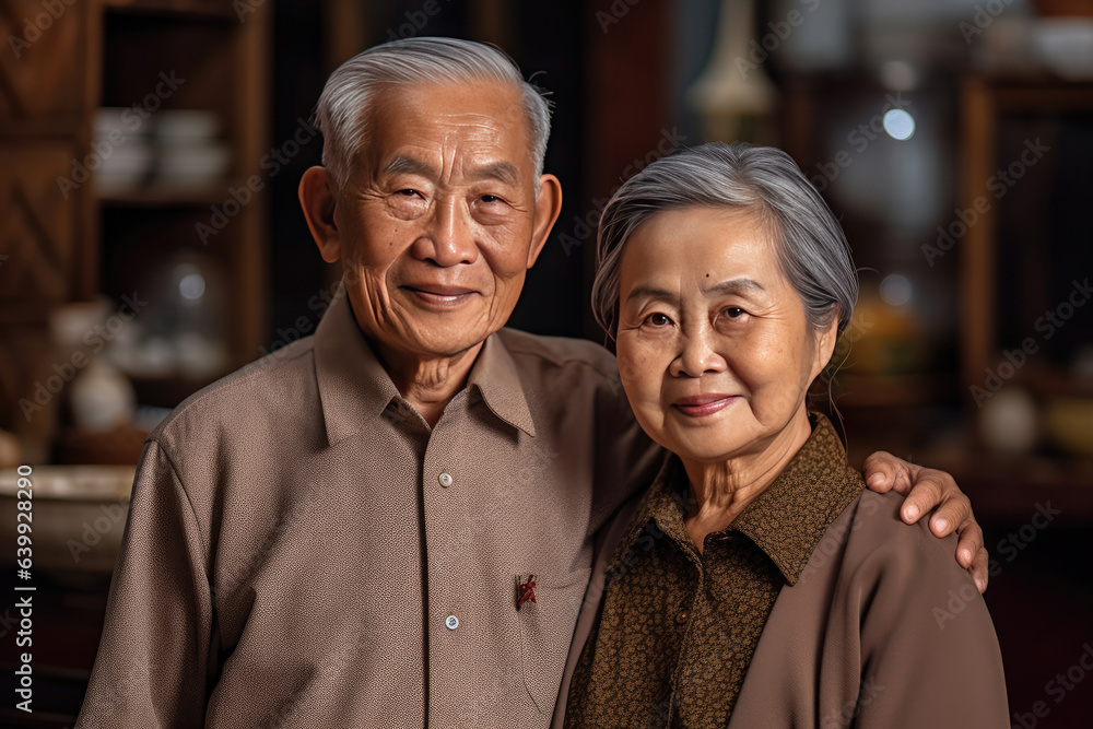 Asian elderly couple feeling happy smiling and looking to camera  in living room at home. Generative