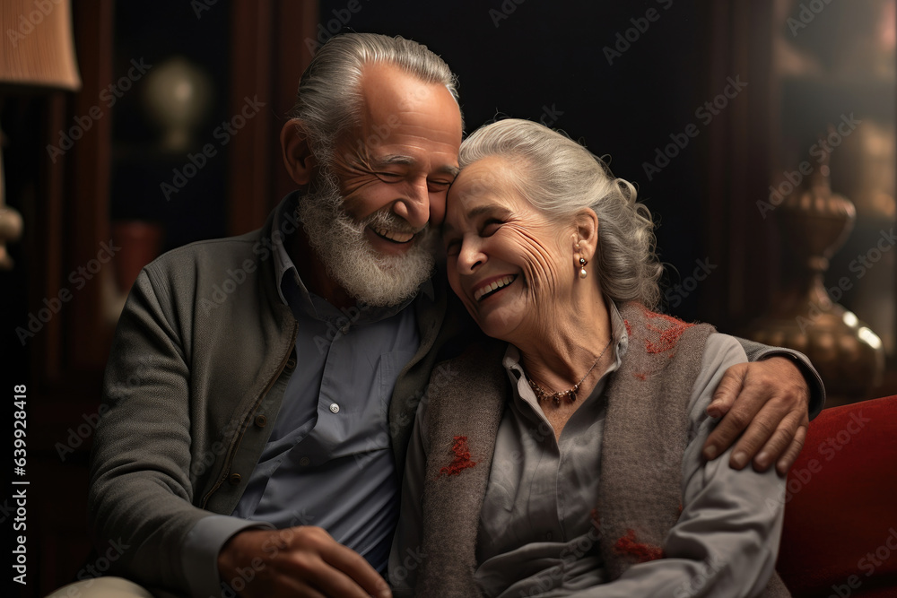 elderly couple feeling happy smiling and looking to camera while relax in living room at home.