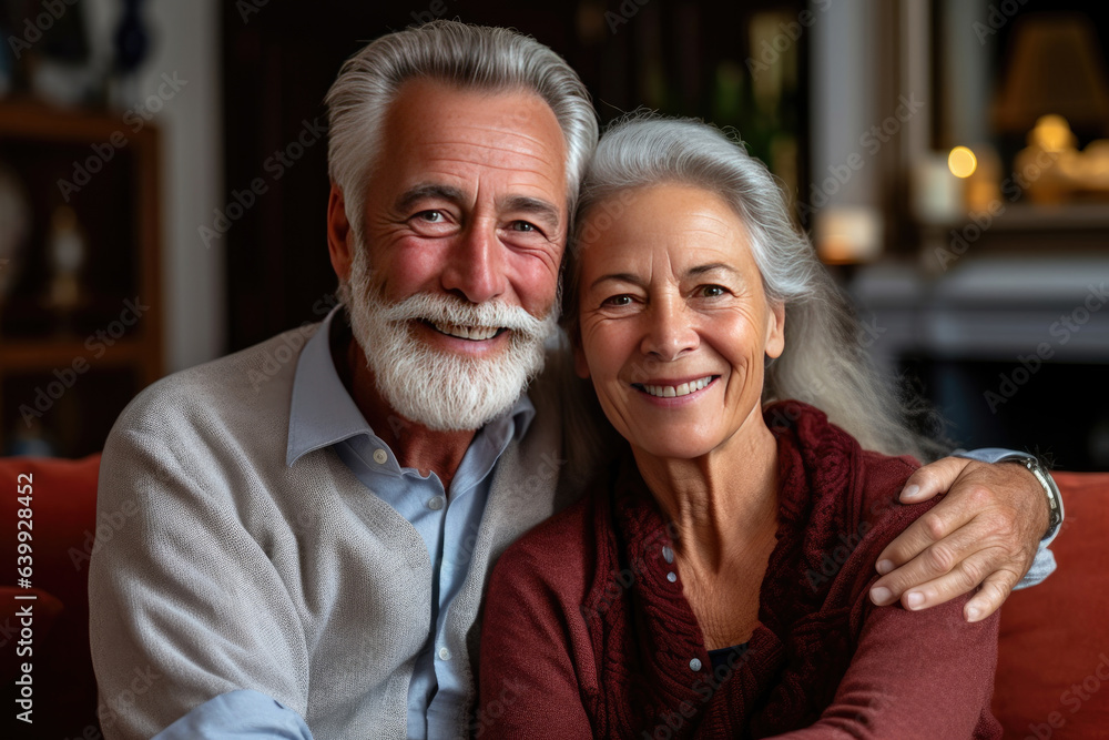 elderly couple feeling happy smiling and looking to camera while relax in living room at home.