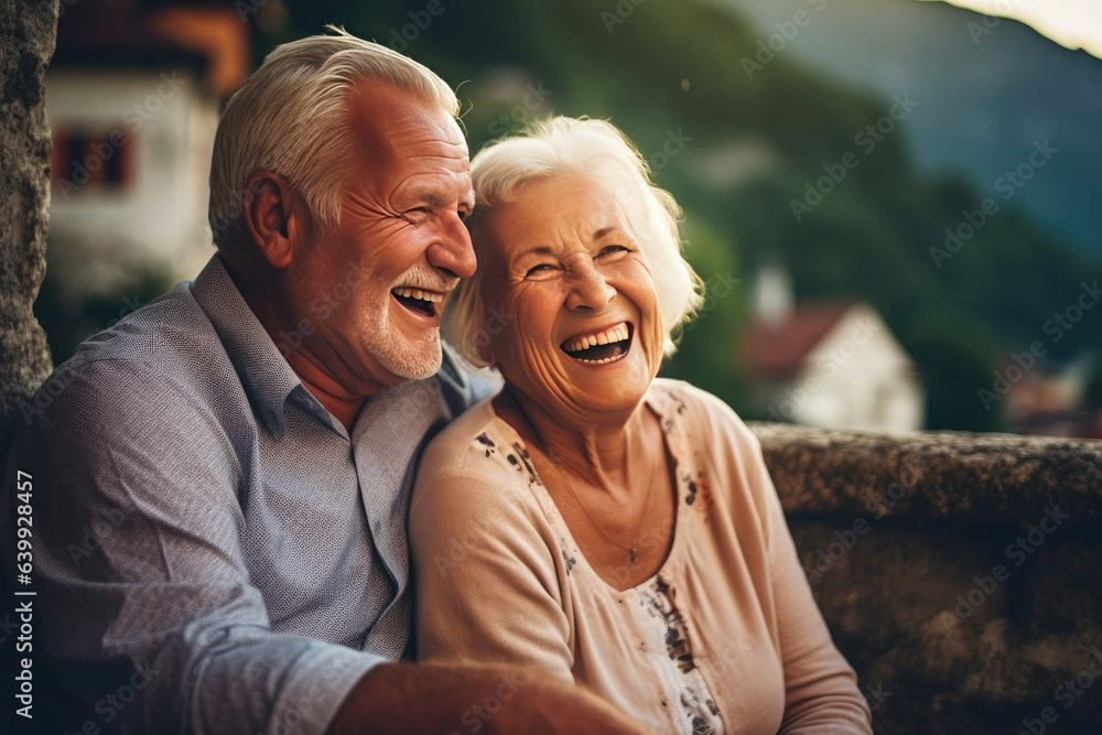 elderly couple feeling happy smiling and looking to camera while relax in living room at home.