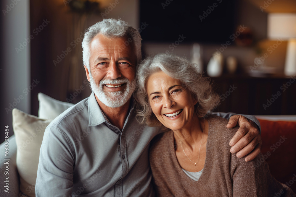 elderly couple feeling happy smiling and looking to camera while relax in living room at home.