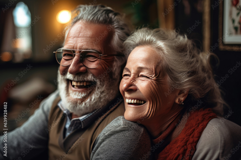 elderly couple feeling happy smiling and looking to camera while relax in living room at home.