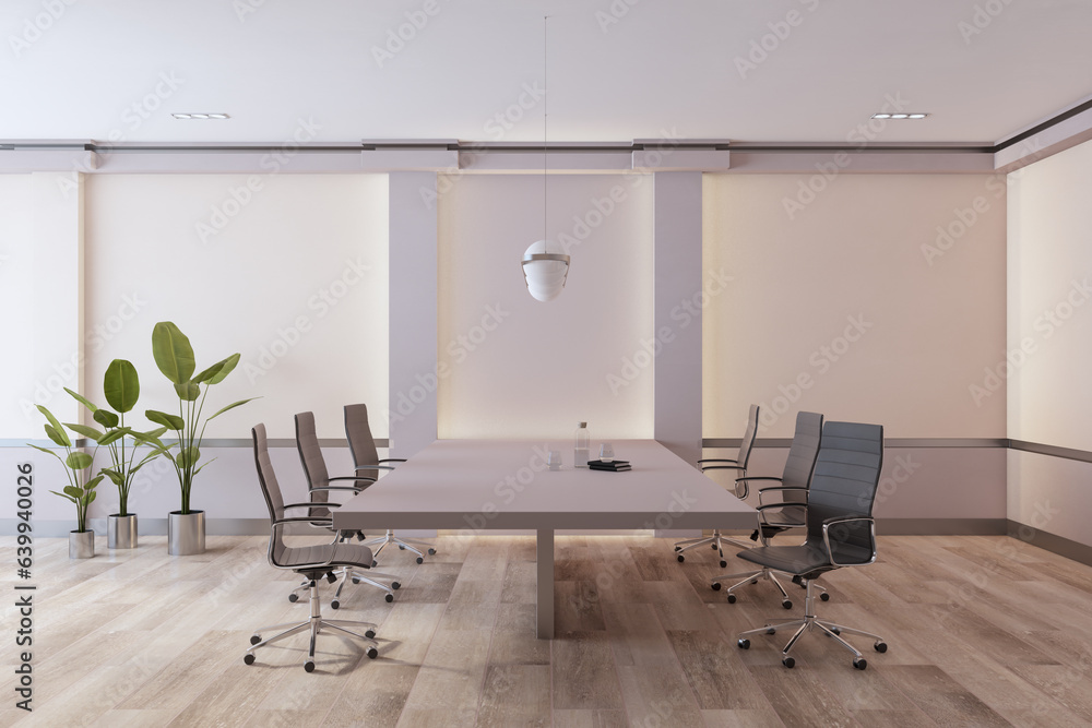 Modern stylish meeting room interior with furniture and equipment, wooden flooring and daylight. 3D 