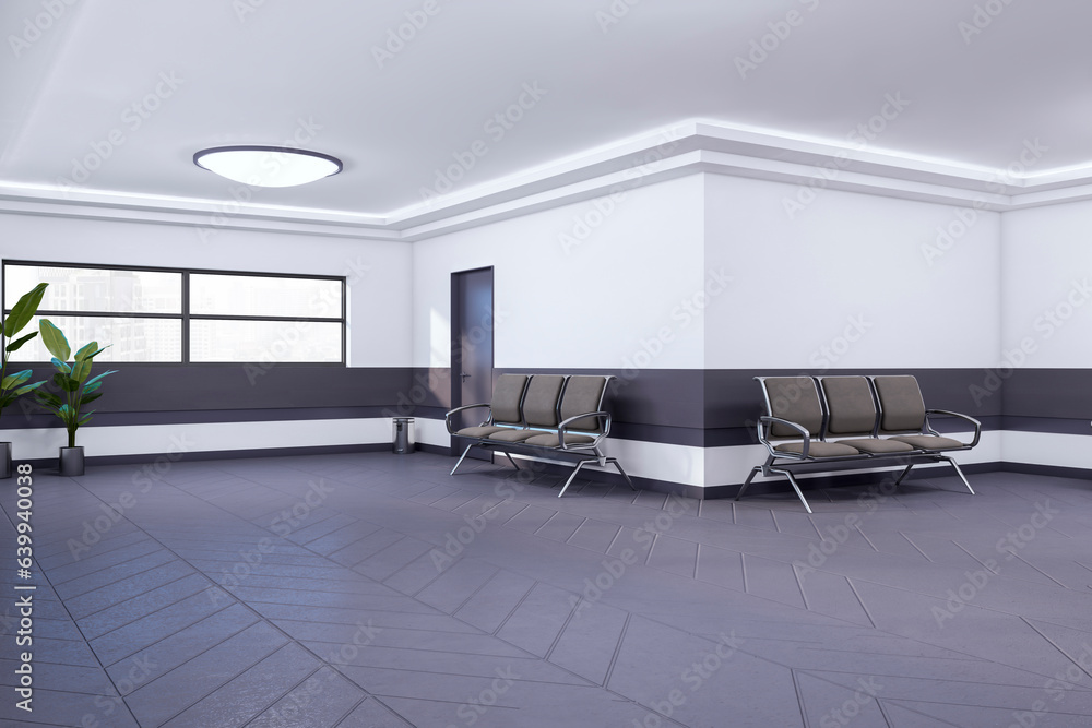 Waiting area in contemporary interior with concrete flooring, seats and plants. 3D Rendering.