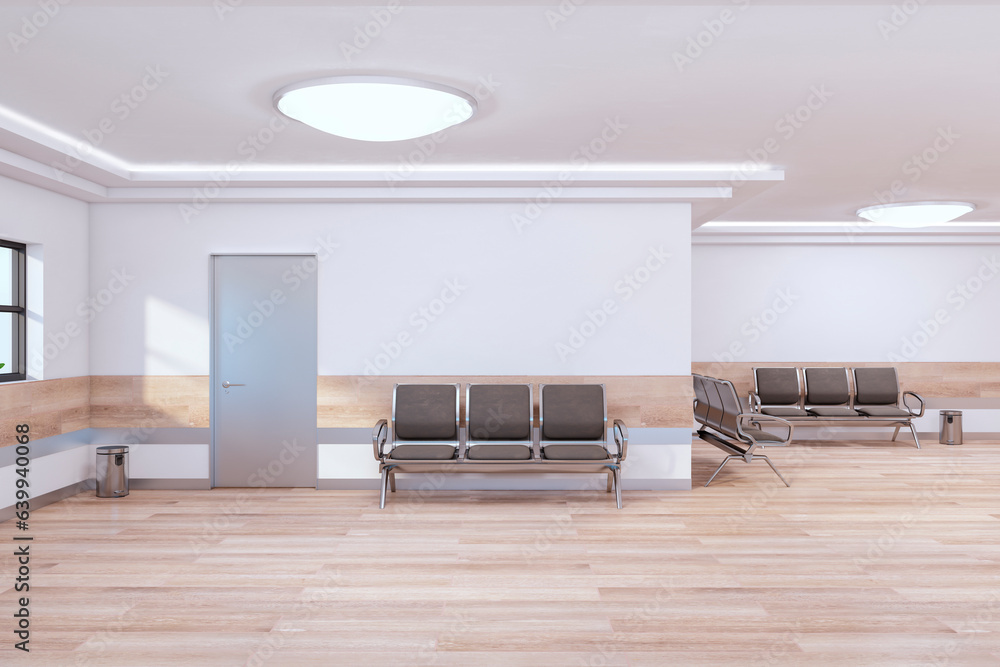 Waiting area in modern interior with wooden flooring, seats and plants. 3D Rendering.