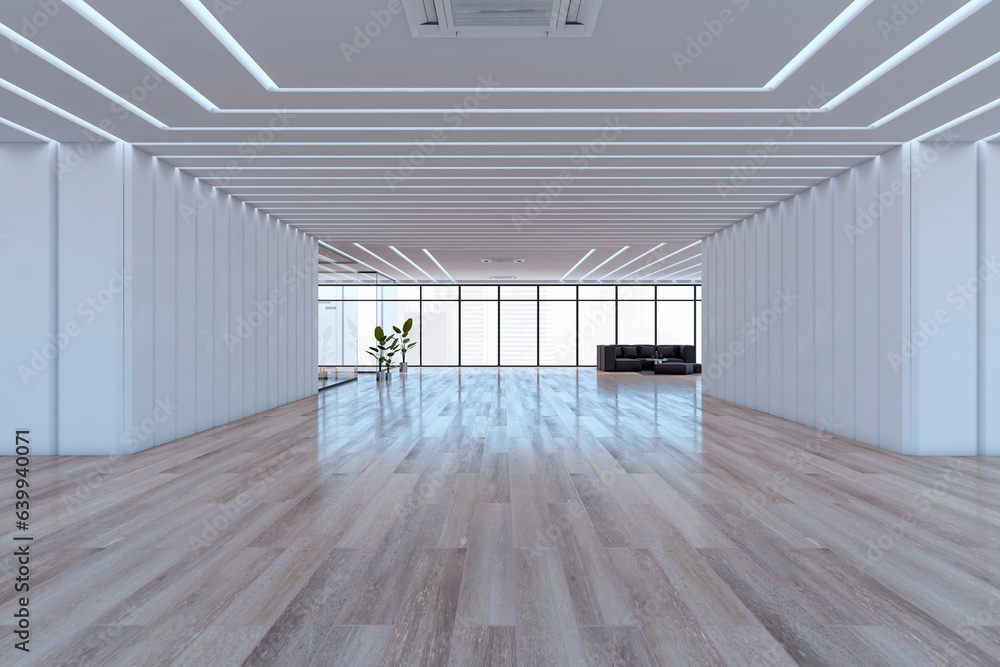 Modern white glass office and meeting room interior with wooden parquet flooring, panoramic windows 