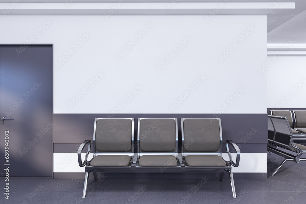 Waiting area with mock up place on wall in modern interior with concrete flooring, seats and plants.