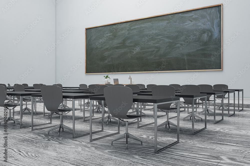 New gray classroom interior with chalkboard, furniture and wooden flooring. Mock up place. Back to s