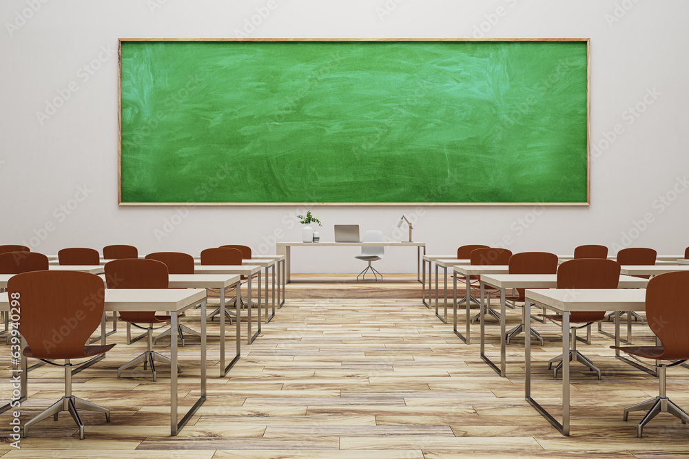 Modern classroom interior with green chalkboard and wooden flooring. Mock up place. Back to school c