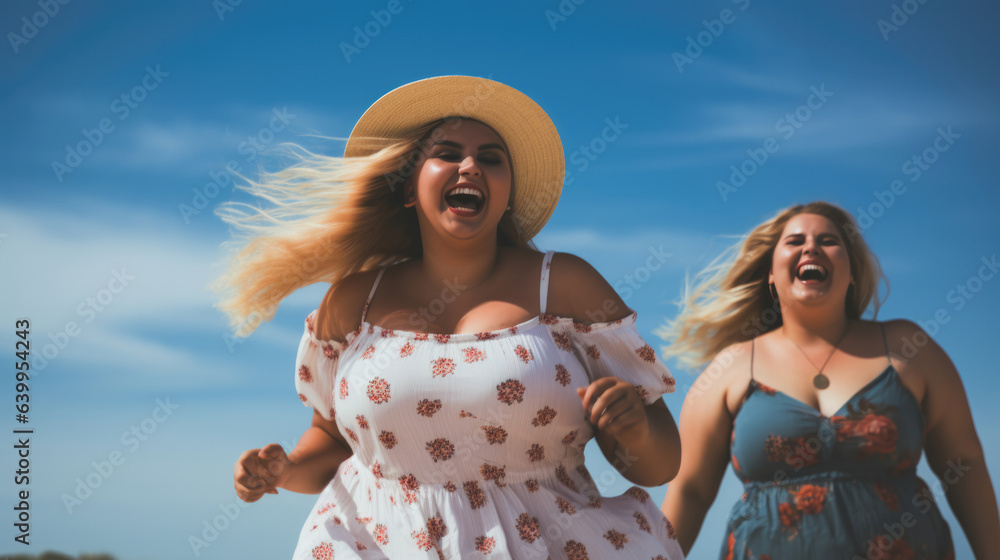 Happy plus size women having fun walking on the beach during summer vacations - Overweight people co