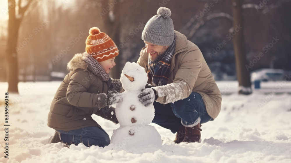 Little boy with his father building snowman in snowy park. Dad and son tied a scarf for snowman. Act