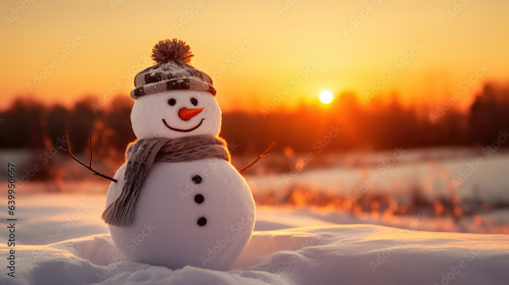 Snowman on orange sunset background